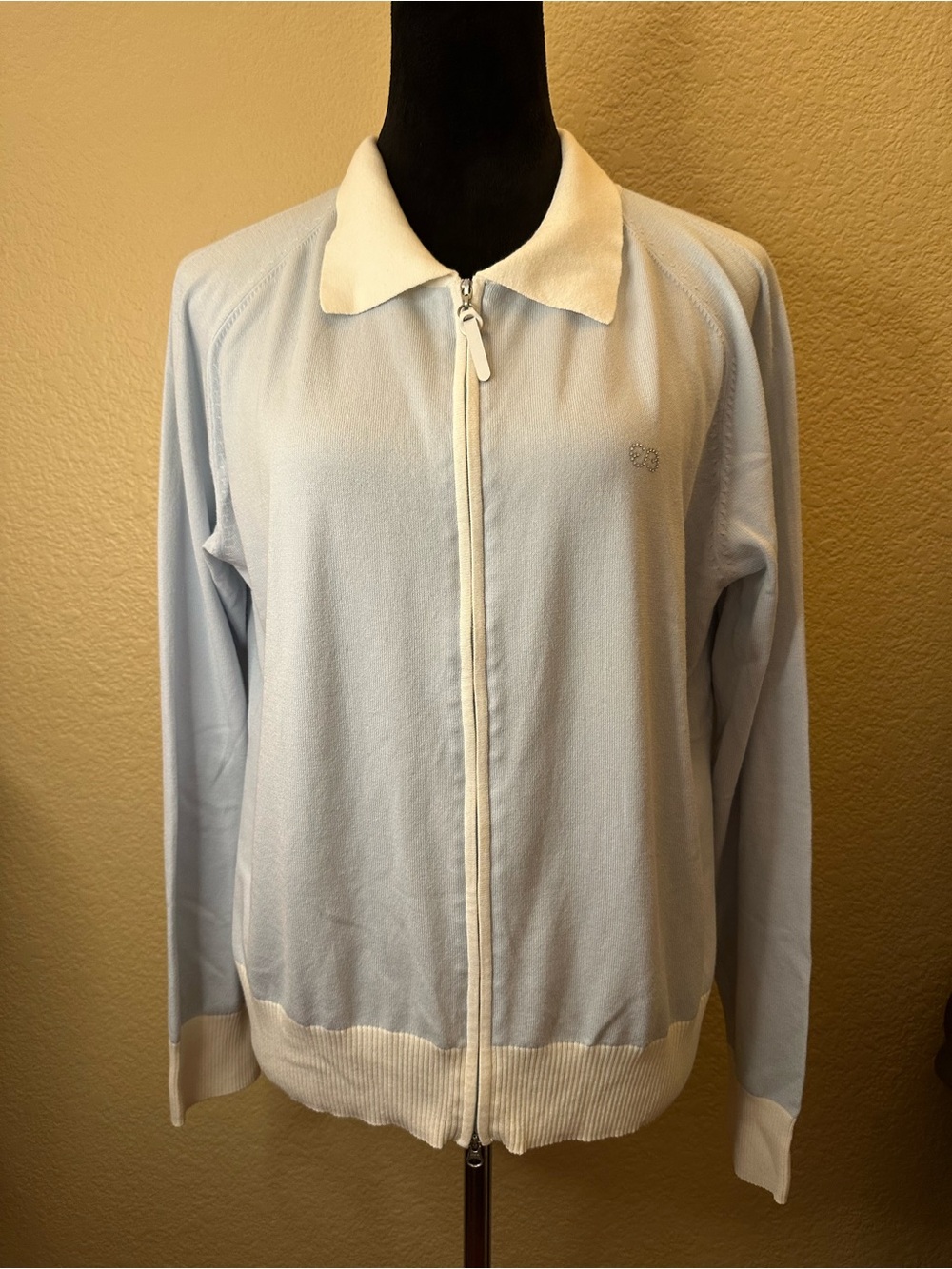 Escada Light Blue and White Zip-Front Cardigan